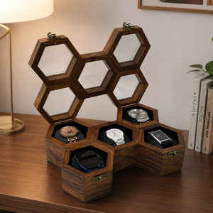 Luxury Honeycomb Wooden Watch <b>Box</b> for 5 Watches | Indian Rosewood Hexagon Organizer Case | Premium Display <b>Storage</b> Gift for Men - Product Image 1