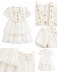 Vestido Formal de Niña con Mangas Abullonadas, Encaje Blanco Bordado, Perlas y Cuello en V, Estilo Mini para Primavera - Product Image 3
