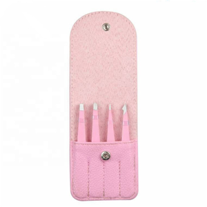 4PCS Stainless Steel Eyebrow Tweezers Set Slant Angled Tip PU <b>Leather</b> Pouch Custom Beauty Grooming <b>Tool</b> OEM - Product Image 1
