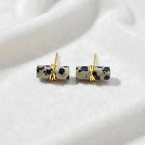 Ratnarachit Women's Dalmatian Jasper <b>Earrings</b> 12x5mm Rounded Rectangle Wire Wrapped <b>Studs</b> Gold Silver Rose Gold Minimalist Gift - Product Image 5