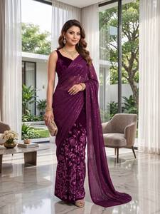 Conjunto de Saree de Viscosa Borgoña con Bordado Floral, Dupatta de Tela y Blusa sin Mangas, Estilo Bollywood para Fiestas, para Mujer - Product Image 1