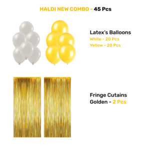 Kit Combo Jaune Pailleté pour Cérémonie Haldi |   45 ballons jaunes et blancs et rideaux en feuille d'aluminium |   Bannière scintillante Haldi - Product Image 3