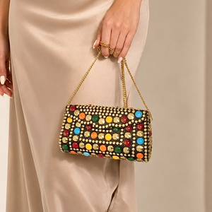 Handmade Ladies Evening <b>Clutch</b> Bags Mother of Pearl Metal Mosaic Kundan Indian Vintage Oval Multicolor Candid Metal Crafts - Product Image 1