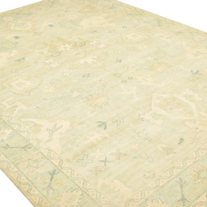 Alfombra Oushak de Lana Anudada a Mano, Suave, Verde Salvia y Crema, con Medallón Floral Geométrico, de Pelo Corto, Estilo Vintage Lavado - Product Image 2