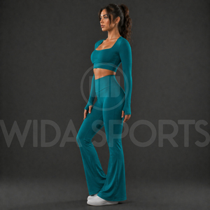 2026 Premium Women <b>Flare</b> <b>Leggings</b> Yoga Set High Waist Pants Long Sleeve Top Stretch Breathable Fitness Activewear Set - Product Image 3