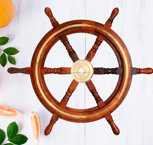 Roue de bateau en bois décorative nautique avec cadre, anneau en laiton, décoration murale marine pour salon, bureau - Product Image 1