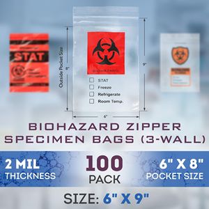 Paquete de 100 bolsas de muestras de riesgo biológico de 6x9 pulgadas Bolsa de transporte de plástico de polietileno de pared con cremallera transparente bolsa de riesgo biológico de 2 mils para laboratorio - Product Image 2