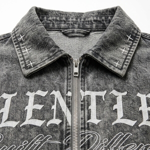 Chaqueta de Mezclilla Lavada 100% Algodón Personalizada para Hombre, Estampado Personalizado, Manga Corta, Cierre de Cremallera Frontal, Estilo Urbano, Verano, Otoño, Invierno - Product Image 3