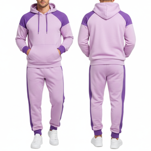 Conjunto Deportivo Masculino de Alta Calidad al Por Mayor – Sudadera con Capucha de Manga Raglán en Lavanda Pastel y Morado con Puños en Contraste y Pantalón a Juego - Product Image 3