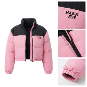 Latest Design Color Block Women <b>Cropped</b> <b>Puffer</b> <b>Jacket</b> Winter Warm Stand Collar Full Zip Quilted Padded Casual Style <b>Jacket</b> - Product Image 3