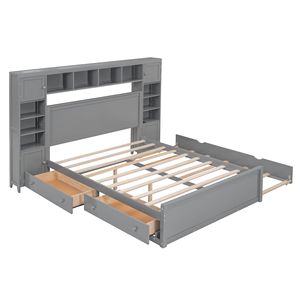 Queen Size Wooden Bed with All-in-One Cabinet Shelf <b>Sockets</b> <b>Twin</b> XL Trundle in Gray - Product Image 5