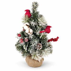 Árbol de Navidad Artificial Rústico de 2 pies con Ramas Flocadas, Cardenales Rojos, Piñas, Bayas de Algodón y Base de Yute - Product Image 1