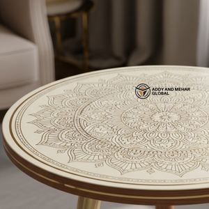 White Meena Print Round Wooden <b>Stool</b> Classic Decorative <b>Stool</b> for Living Room & Bedroom - Product Image 2