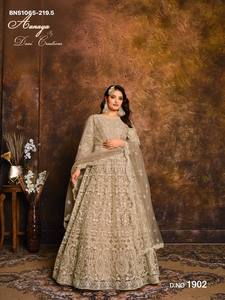 Festival wear <b>Net</b> with Heavy Embroidered Full-Sleeve Flared Semi-Stitched Gown-Bottom-<b>Dupatta</b> Collection At Wholesale Rate - Product Image 3