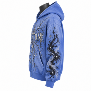 Blue <b>Gothic</b> Zip-Up <b>Hoodie</b> with Rhinestone Embellished Design Unisex Regular Fit Velour Casual Winter Sweatshirt - Product Image 5