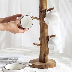 Rustic Double Tier Wooden Mug <b>Tree</b> <b>Stand</b> Floor Type Coffee Cup Holder Rack 6 Hooks Kitchen Home Caf Office Eco Friendly - Product Image 4