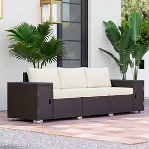 Divano da Esterno in Vimini Bianco Crema a 3 Posti con Cuscini Impermeabili Spessi e Braccioli Larghi per Portico o Giardino - Product Image 2