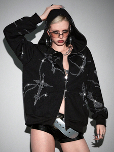 Men's Black Hooded Zipper <b>Jacket</b> with Rhinestone Snowflake Embellishment Full Sleeve Winter <b>Vintage</b> Polyester/Cotton Lightweight - Product Image 5