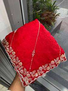 <b>Red</b> Embroidered Fendy Satin Silk Saree with <b>Blouse</b> Floor Length Traditional Wedding for <b>Women</b> - Product Image 5