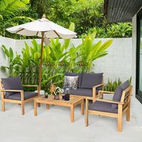 Ensemble de canapé de patio en bois d'acacia, 4 pièces, avec coussins épais, meubles d'extérieur