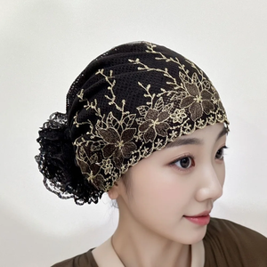 New Flower Embroidery 100% Silk <b>Bonnet</b> Hat Elastic Full Cover Headscarf Breathable Outdoor White Hair Postpartum Cap Women - Product Image 3