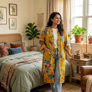 Robe Kimono en Coton Imprimé Floral Faite à la Main, Manches Longues, Légère, Ceinturée, pour la Détente, le Spa et les Resorts - Product Image 5