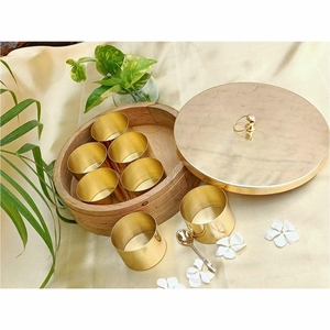 Luxury Wooden Spice <b>Box</b> Set Brass Masala Dabba Container Round Kitchen Spice Storage Organizer Holder with Brass Lid Spoon - Product Image 1