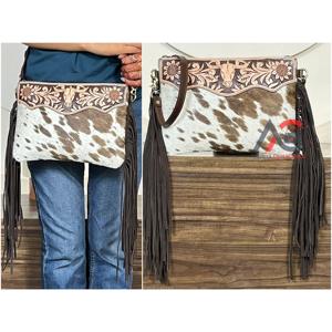 Factory Price 2026 Stylish Sling Hand Tooled Cowhide Leather Crossbody Fringe Bag Hair on Leather Shoulder Bag for Women's - Product Image 1
