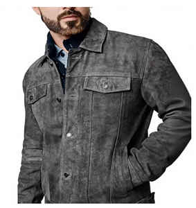 Men s Gray <b>Suede</b> Leather <b>Jacket</b> Turn-down Collar Button Closure Regular Fit Autumn Wear Casual Style Men <b>Suede</b> Leather <b>Jacket</b> - Product Image 4