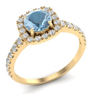 Bague de fiançailles REYES en or massif 14 carats avec halo de diamants, pierre précieuse aigue-marine taille brillant rond de 0,84 carat – Prix de gros - Product Image 2