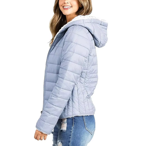 Women's Light Blue Quilted Jacket With Faux <b>Fur</b> Lined Hood Zipper Closure Full Sleeve Winter Warm Coat Regular Length - Product Image 6