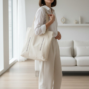 Eco-Friendly Natural Cotton Canvas Tote <b>Bag</b> Letter Pattern Open Top Hand/Shoulder/<b>Long</b> Handles-Wholesale Custom Shopping <b>Bag</b> - Product Image 3
