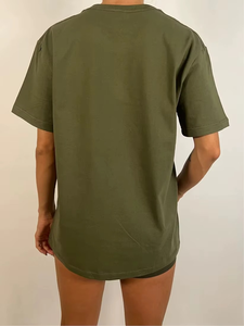 Camiseta de algodón de punto transpirable para mujer, cuello redondo, manga corta, holgada, color verde oliva, de gran tamaño, color liso - Product Image 2