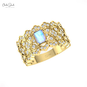 Custom 14k Solid <b>Gold</b> Natural 6x4mm Moonstone & Diamond Statement <b>Ring</b> Art Deco Design Wide Band Fine Jewelry For Women - Product Image 4