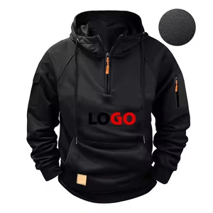 Men's Khaki Quarter Zip Hoodie With Front Logo Print Regular Fit Casual Breathable Polyester Sweatshirt Autumn Wear - Product Image 2