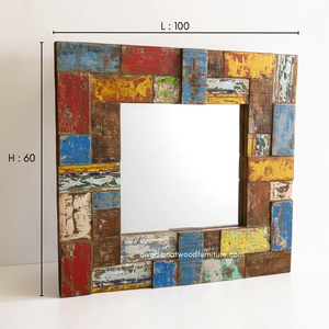 Miroir artisanal en bois de bateau recyclé, couleur naturelle, pour décoration murale et intérieure, salon ou chambre, vente en gros - Product Image 1