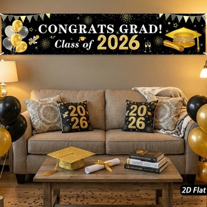 Felicitaciones Graduados Clase de 2026, Pancarta de Graduación Negra y Dorada, Pancarta Colgante de Poliéster, Letrero Decorativo para Fiesta de Graduación - Product Image 2