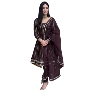 Vestido largo indio de encaje de georgette sintético para mujer, listo para usar, con conjunto de dupatta pakistaní, estampado digital, bordado con hilo, salwar kameez pesado. - Product Image 1