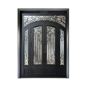 Royal Luxury Traditional Wrought Iron Water Resistant Entry Door Geometric Glass Panels Arched Design <b>Swing</b> Style Exterior Door - Product Image 1