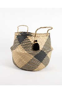<b>Foldable</b> Black Striped Seagrass Belly <b>Basket</b> with Tassel and Handle – Multifunctional Boho Vintage Storage Tote for Home Decor - Product Image 2