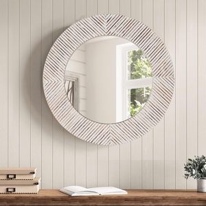 Handcrafted <b>Round</b> Whitewashed Wooden <b>Wall</b> <b>Mirror</b> Rustic Farmhouse Decorative Accent <b>Mirror</b> for Living Room Bedroom Entryway Bath - Product Image 4