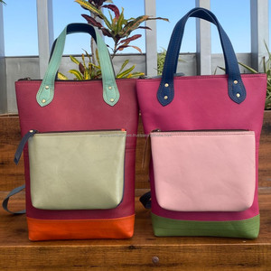 Mochila Convertible de cuero reciclado para pañales, asas de cuero coloridas, bandolera, bolso de compras con bolsillo y cremallera - Product Image 3