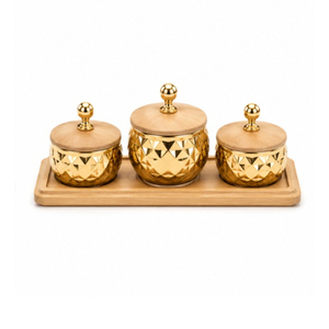Ensemble de bols à sauce de luxe en acier inoxydable avec plateau en bois, poignées dorées, triple récipient carré avec couvercles en bois pour hôtel et restaurant - Product Image 6