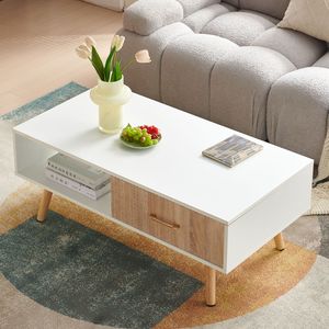 Tavolino da Caffè Moderno Bianco Rettangolare con Gambe in Legno Massello e Cassetto Scorrevole per Soggiorno - Product Image 3