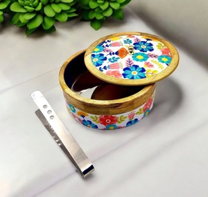 Acacia Wooden Serving Storage Bowl with <b>Lid</b> & Metal Tong Tableware Dinnerware Home <b>Decor</b> Foods & Snack Storage Box At Best Price - Product Image 5