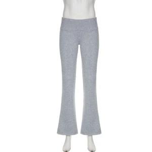 Pantalones de mujer de cintura alta, acampanados, de color liso, largos, de punto, de algodón y elastano, estilo casual de primavera, con cintura elástica y cordón ajustable. - Product Image 1