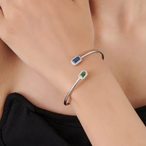 Bracelet ouvert en argent 925 de haute qualité avec émeraude naturelle taille octogonale et saphir bleu, double tête de diamant - Product Image 2