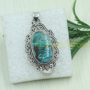 Colgante de Plata con Gema de Crisocola Natural, Hecho a Mano, Estilo Vintage, Forma Ovalada, Joyería Destacada, Regalo para Mujer - Product Image 5