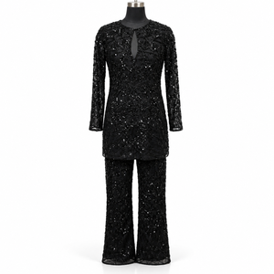 Conjunto de Dos Piezas de Lentejuelas Negras para la Noche |   Conjunto Formal de Noche con Top de Manga Larga con Abertura y Pantalones Anchos para Invitadas a Bodas y Eventos - Product Image 1