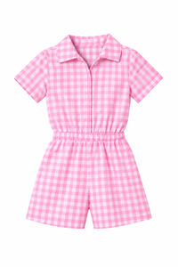 Conjunto de ropa de dos piezas a cuadros para niñas, camisa de manga corta y pantalones cortos, cintura elástica, ropa de verano - Product Image 2